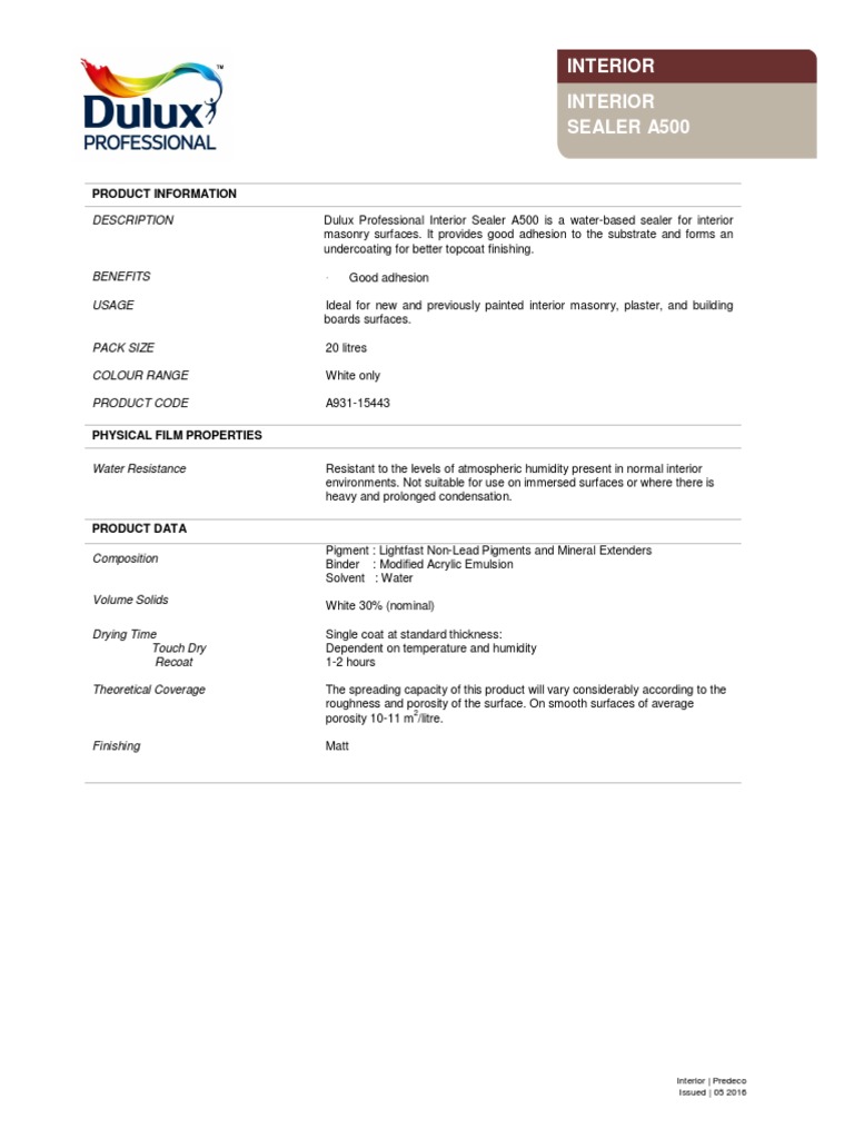 Dulux Professional Interior Sealer A500 PDF Paint Materials