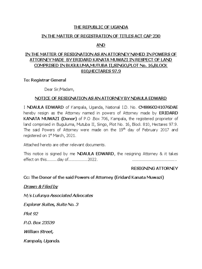 Resignation of Attorney for Ugandan Land PDF Common Law Justice