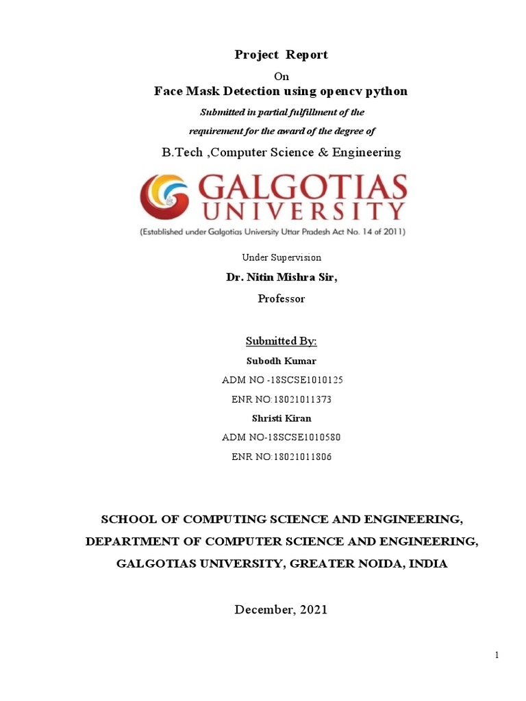 B.Tech, Computer Science & Engineering Project Report Face Mask