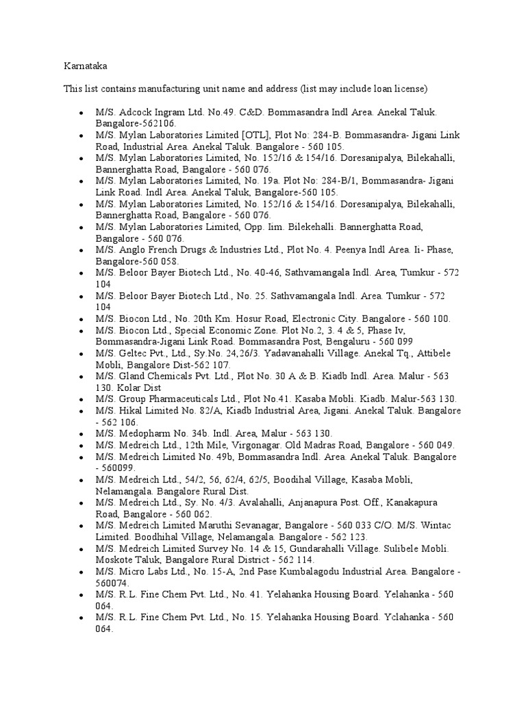Karnataka Manufacturing Units Directory | PDF | Health Sciences | Therapy