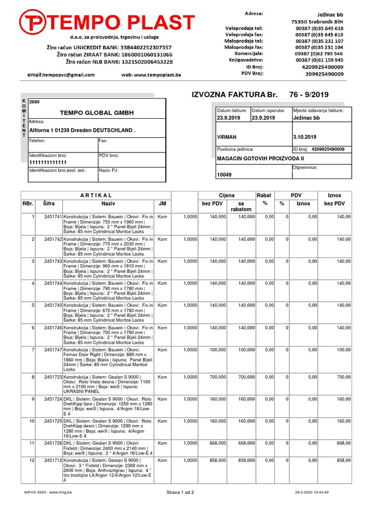 Izvozna Faktura Br. 76 - 9/2019: Tempo Global GMBH | PDF