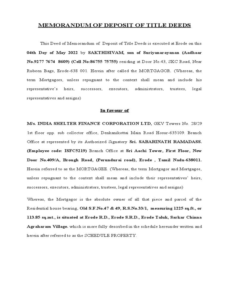 Memorandum of Deposit of Title Deeds | PDF