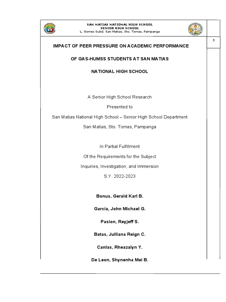 Impact of Peer Pressure On Academic Performance of Gas-Humss Students ...