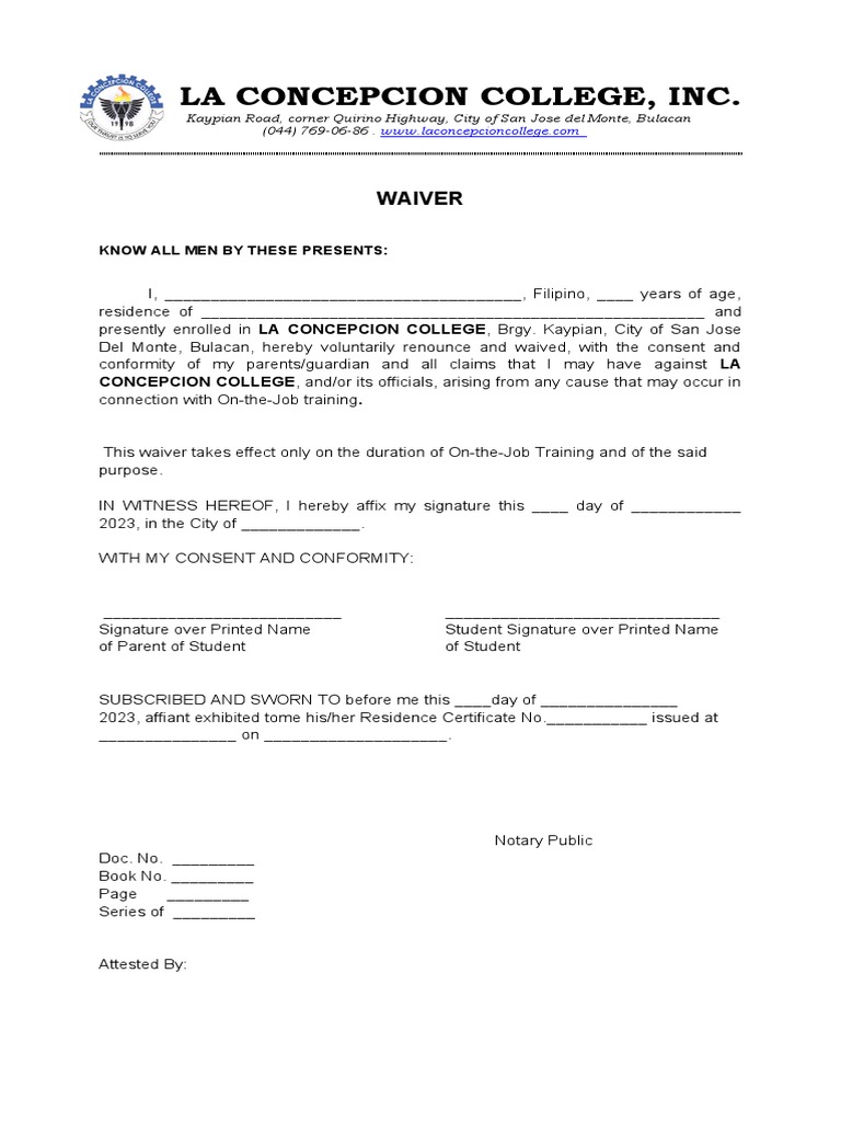 OJT Waiver for La Concepcion College | PDF | Career & Growth