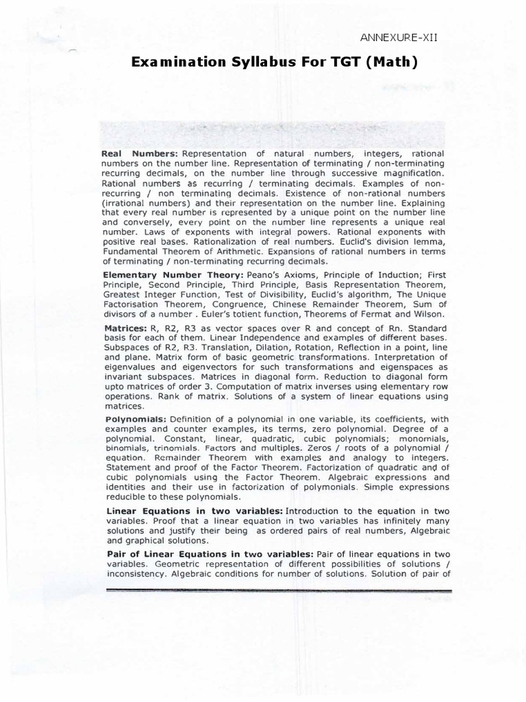 TGT Mathematics Syllabus Overview | PDF | Polynomial | Equations