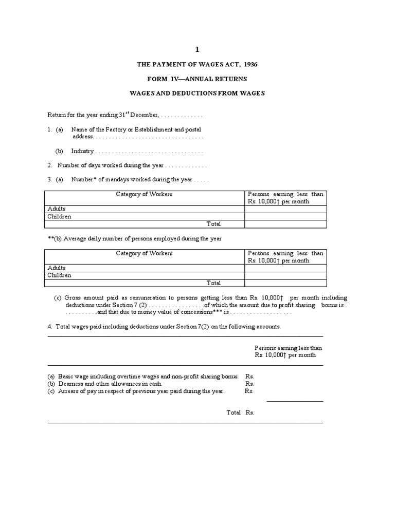 The payment of wages act 1936 form iv annual returns wages and
