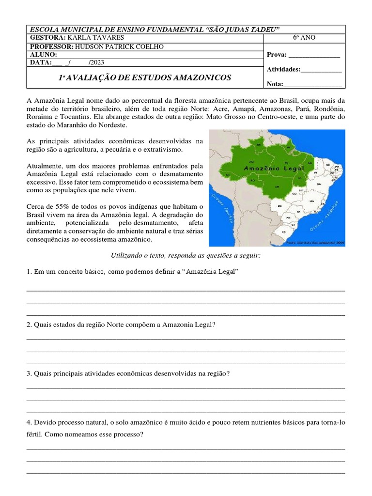 Prova de Estudos Amazônicos 6º Ano | PDF | Floresta Amazônica | Agricultura
