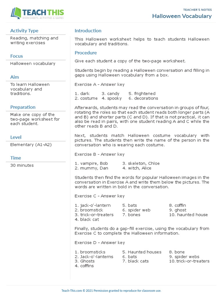 Halloween Vocabulary Worksheet Pdf Halloween Trick Or Treating