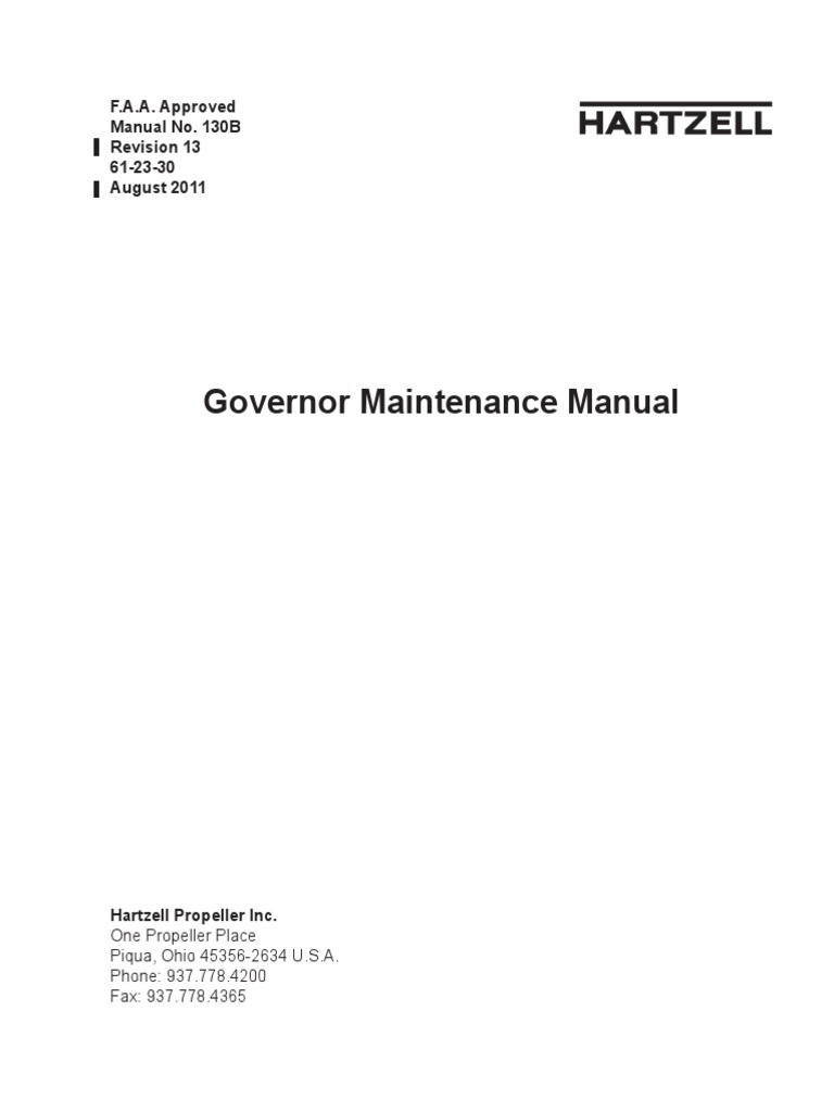 Governor Maintenance Manual: F.A.A. Approved Manual No. 130B Revision ...