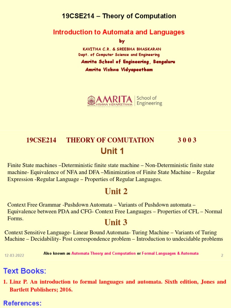 Introduction to automata and languages 19cse214 theory of