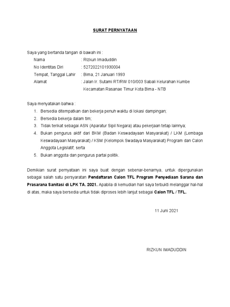 Surat Pernyataan Kesediaan | PDF
