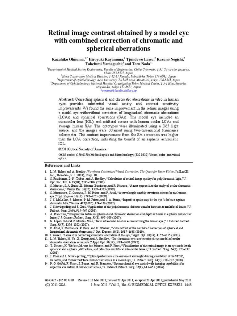 Retinal Image Contrast Obtained by A Model Eye With Combined Correction