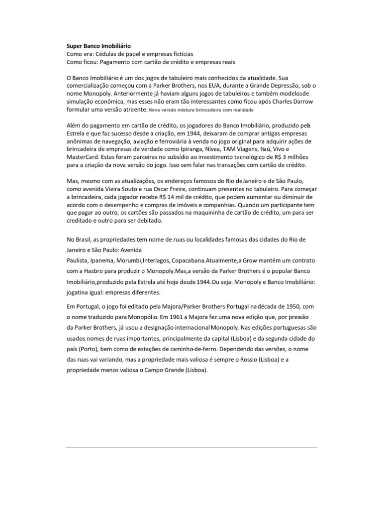 Manual de Instruções Banco Imobiliário e Banco Imobiliário Luxo Documento  Eletrônico Criado e Revisado em 01-04-2006, PDF, Dinheiro