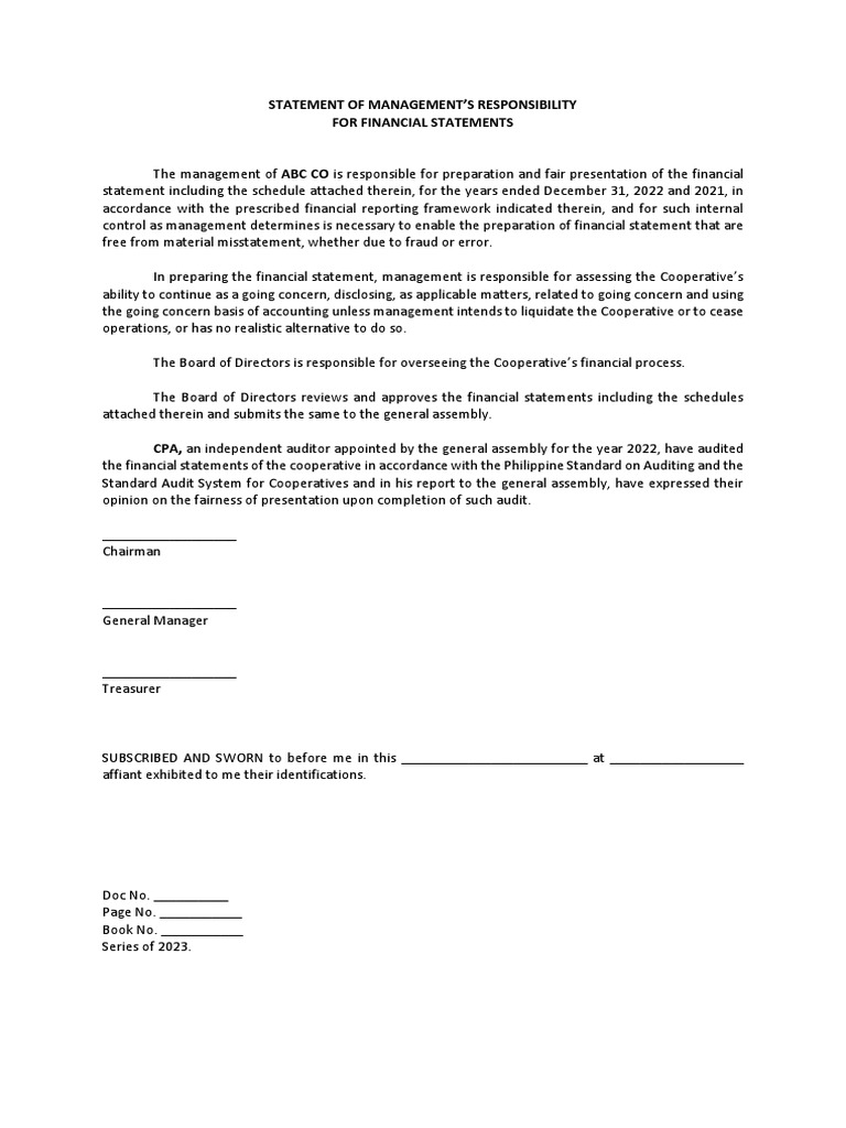Management's Responsibility for Financial Statements | PDF | Going ...