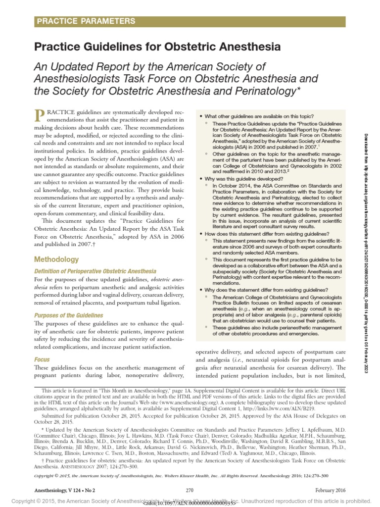 ASA Practice Guideline For Obstetric PDF Childbirth Anesthesia