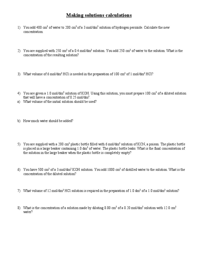 iGCSE Chemistry - Making Solutions Calculations | PDF