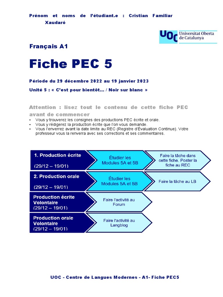 Fiche PEC 5 - Français A1 : Activités et Évaluations | PDF | Arts du ...