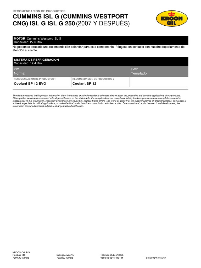 de Productos Cummins ISL G (Cummins Westport CNG) ISL G