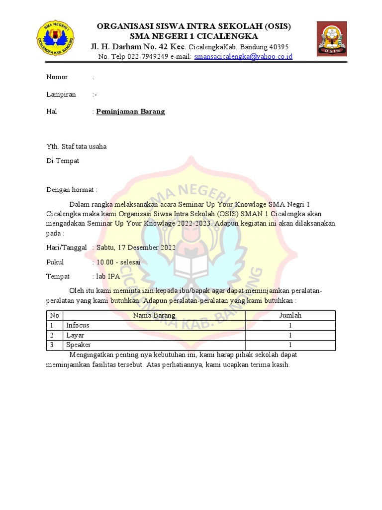 Surat Peminjaman Barang | PDF