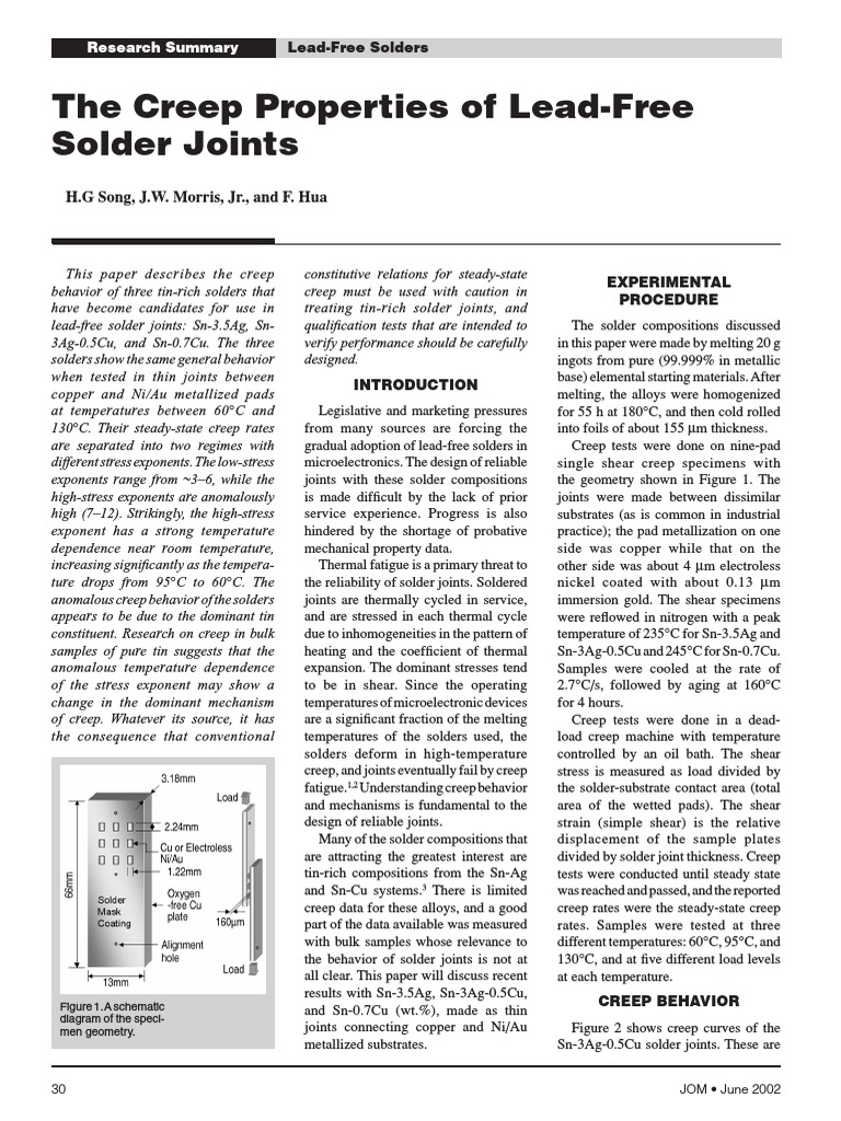 The Creep Properties of LeadFree Solder Joints H.G Song, J.W. Morris