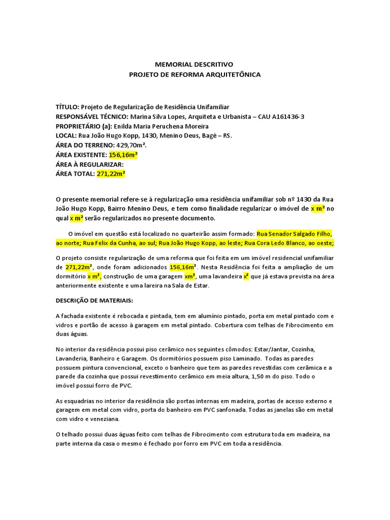 Memorial Descritivo de Reforma Residencial | PDF
