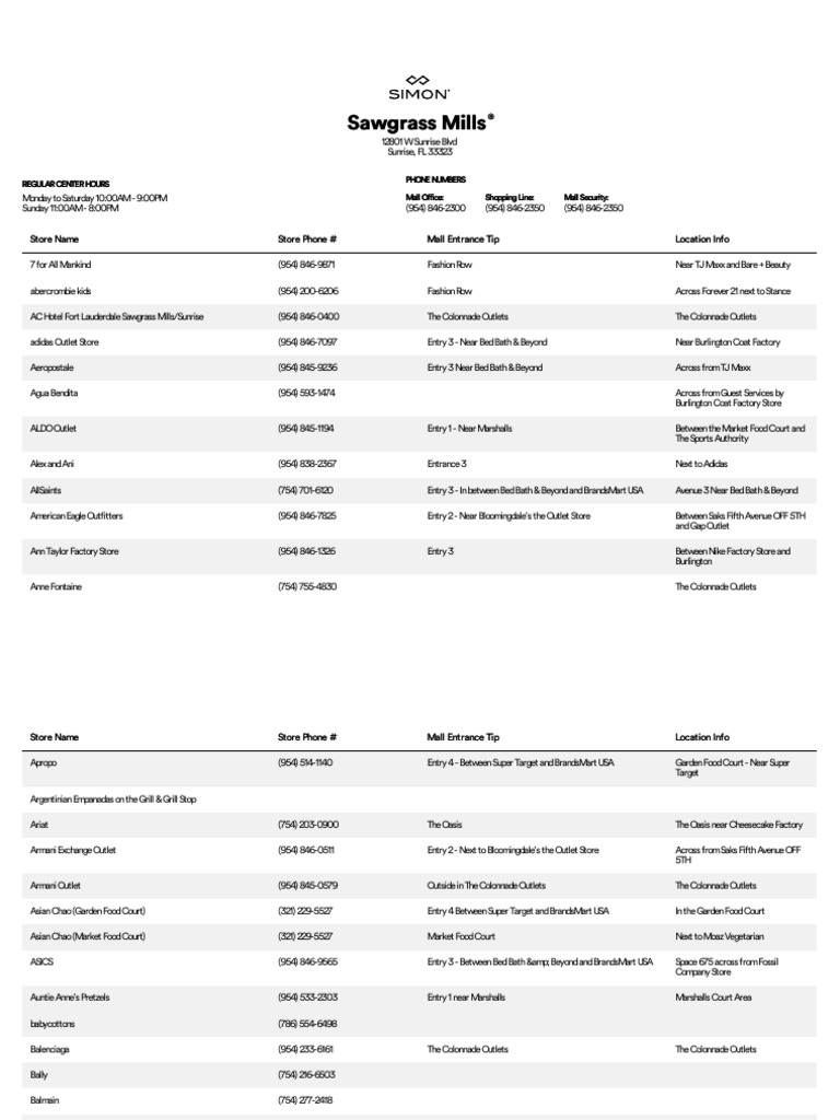 Sawgrass mills pdf retailers brand