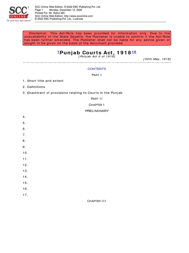Punjab Courts Act PDF Judge Jurisdiction