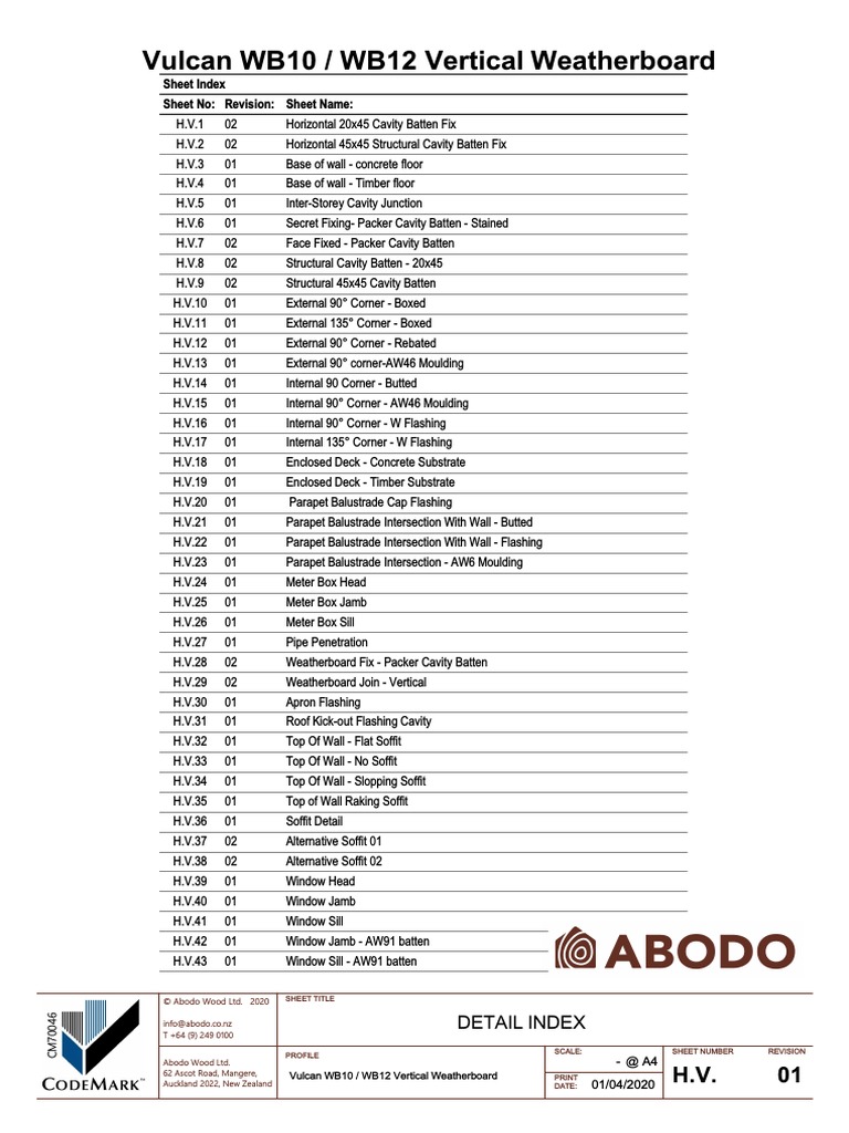Vulcan WB10 / WB12 Vertical Weatherboard: Sheet Index Sheet No