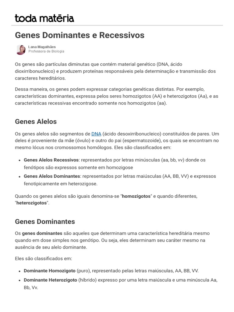 Genes Dominantes e Recessivos Explicados | PDF | Alelo | Zigosidade