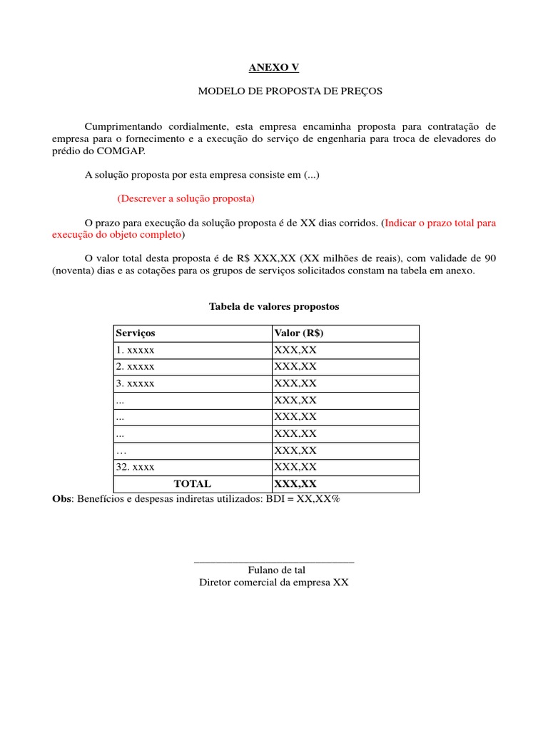 Anexo V - Modelo de Proposta | PDF