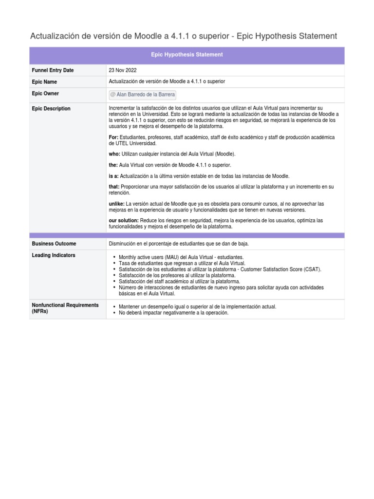 Epic Hypothesis Statement PDF Moodle Informática