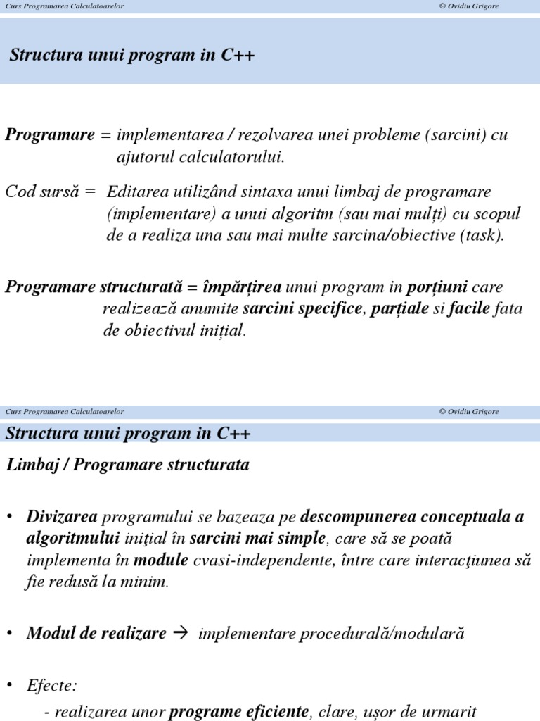 Structura Unui Program in C++: Programare Implementarea / Rezolvarea ...