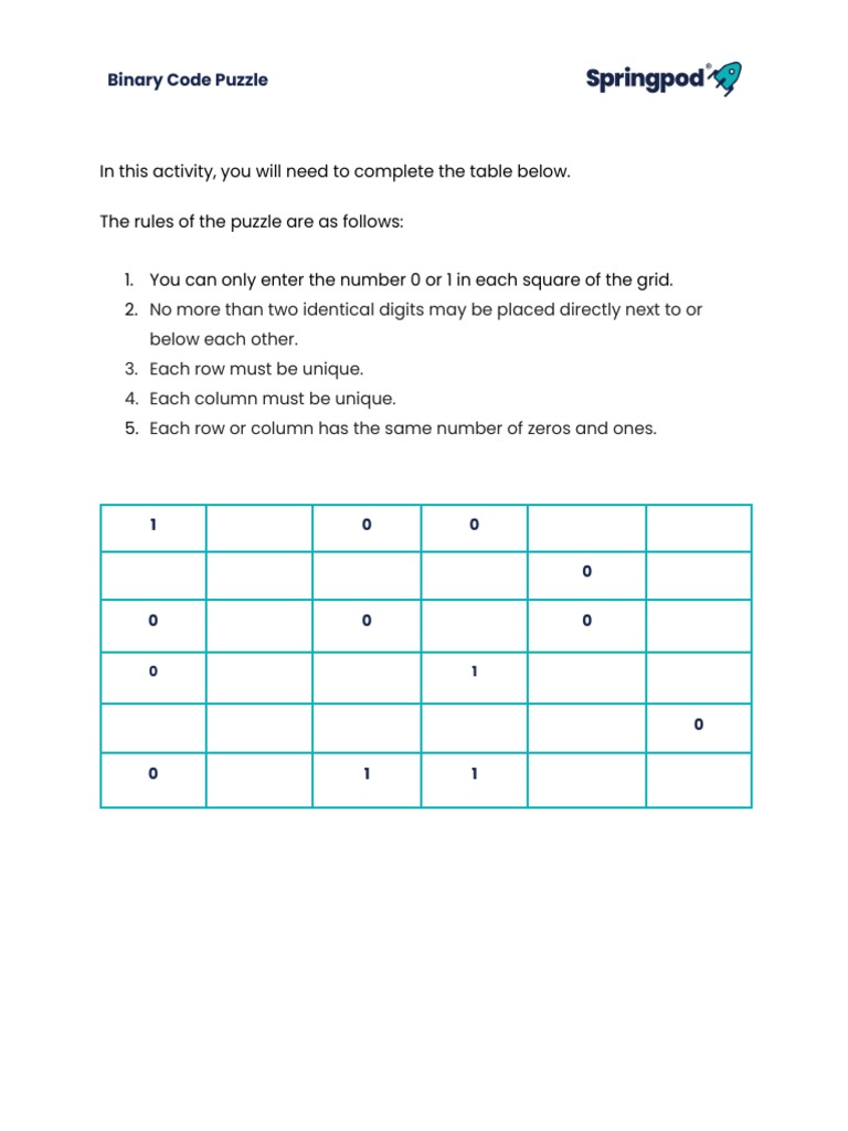 Binary Code Puzzle Instructions | PDF