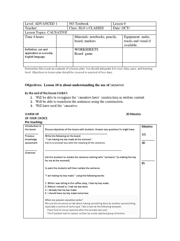 Lesson 11 Causative Pdf Verb Lesson Plan