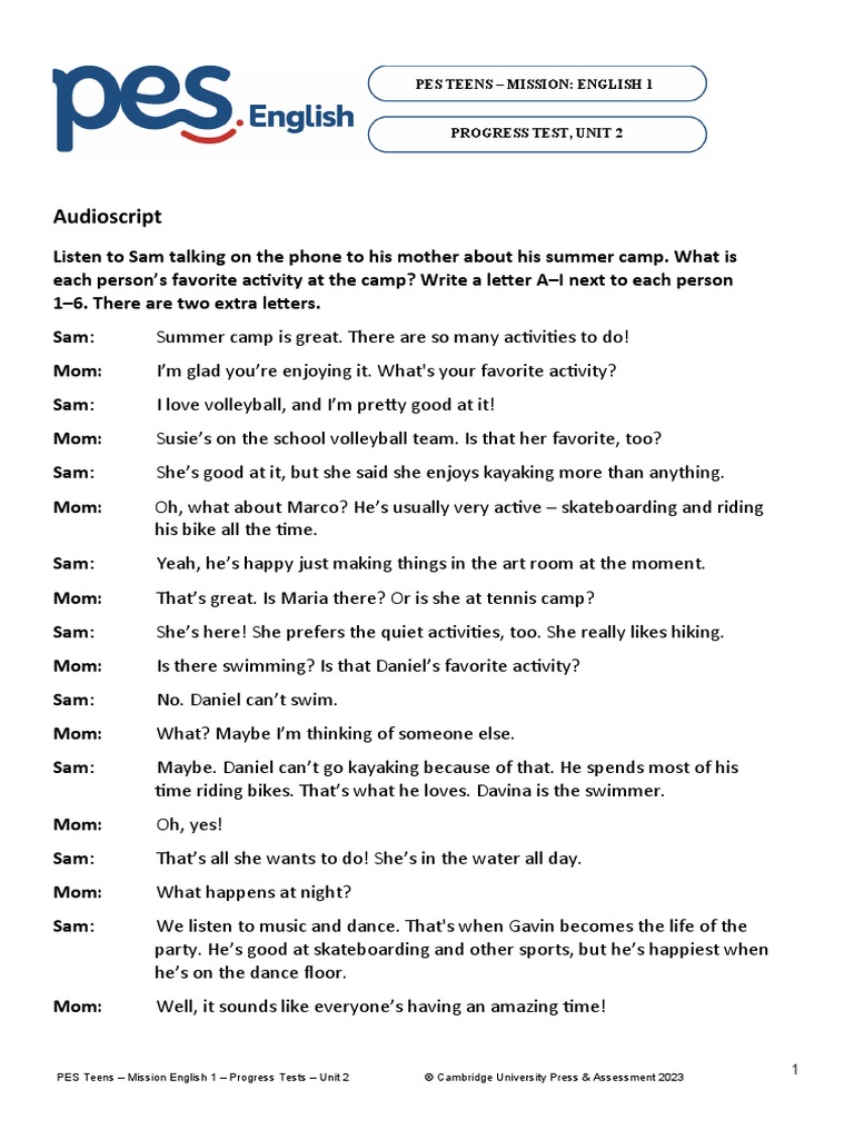 Mission English 1, Unit 2 Test, Audio Script | PDF