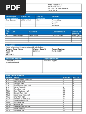 call sheet for filming