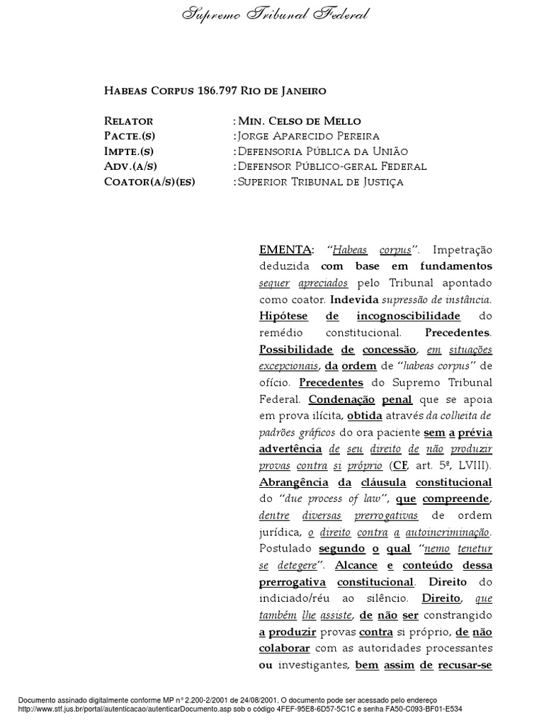 HC 186797 - Condenação Baseada em Prova Ilícita | PDF | Habeas corpus ...
