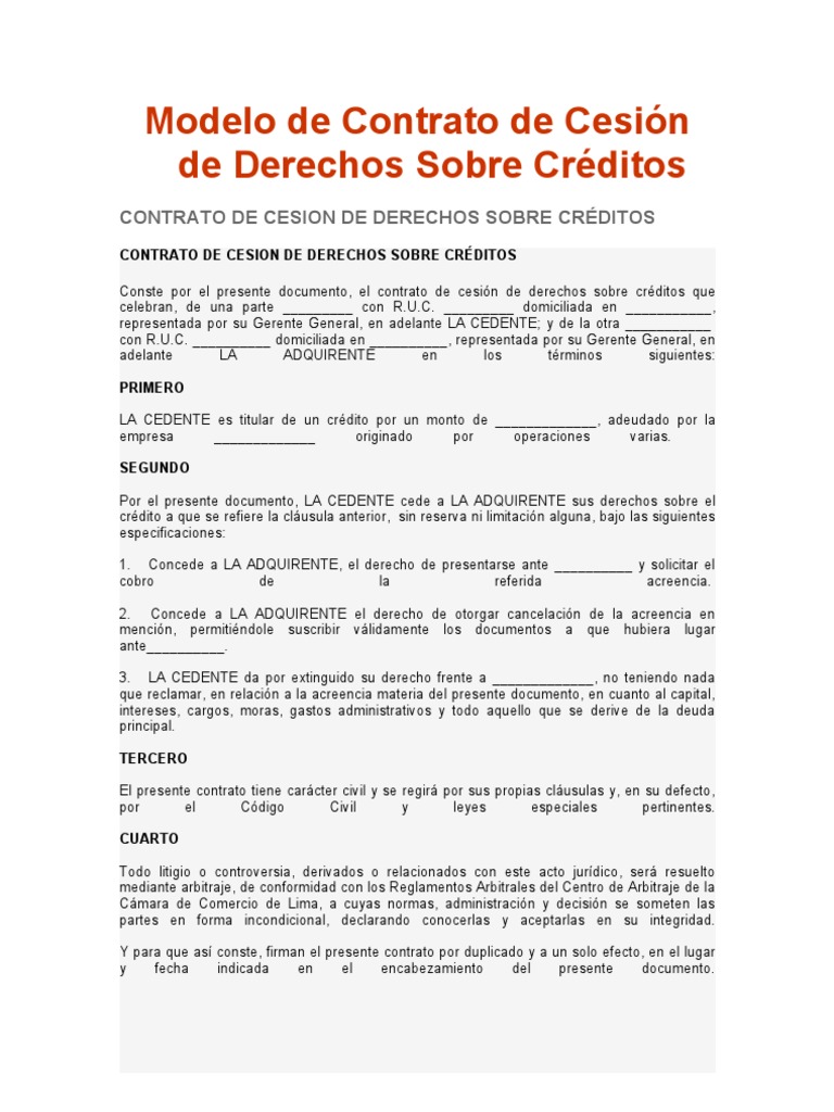 Modelo de Contrato de Cesión de Derechos Sobre Créditos