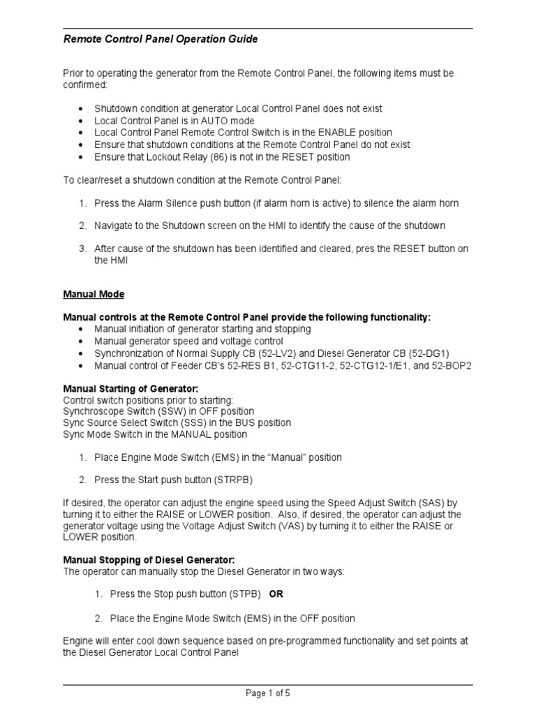 Remote Control Panel Operation Guide PDF Switch Electric Generator