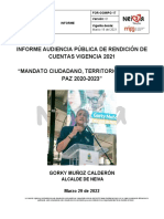 Informe Audiencia Pública de Rendición de Cuentas Vigencia 2021 "Mandato Ciudadano, Territorio de Vida Y PAZ 2020-2023"