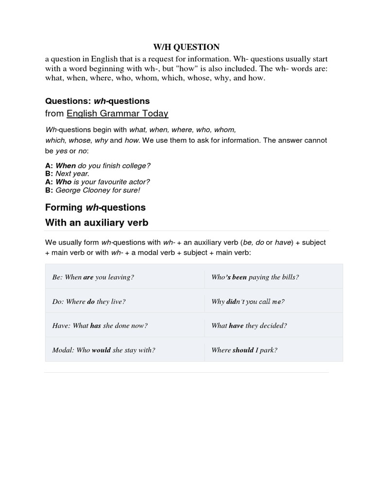 Understanding Wh- Questions in English | PDF
