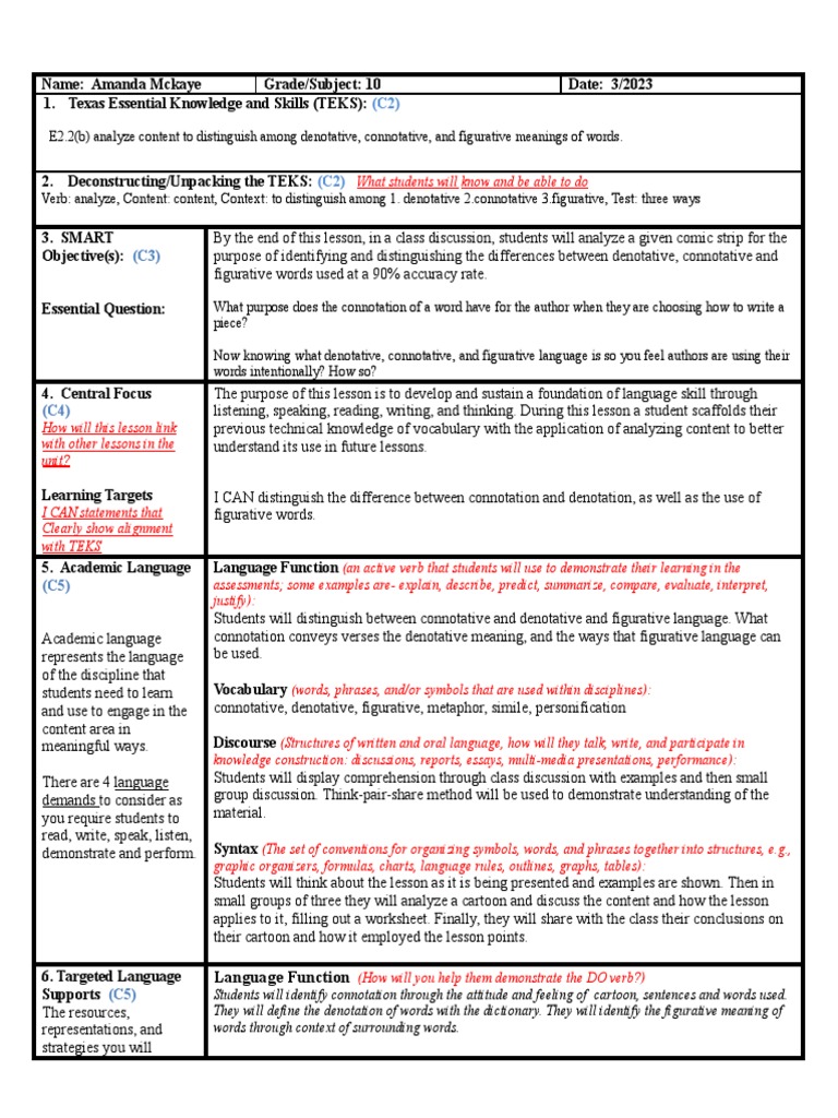 TEKS Lesson Plan: Connotation vs. Denotation | PDF | Learning | Cognition