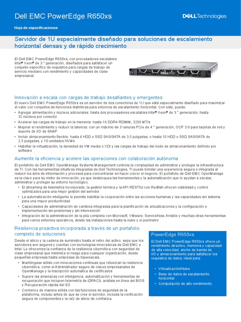Dell EMC PowerEdge R650xs | PDF | Unidad de estado sólido | Dell