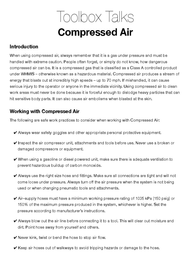 Compressed Air Toolbox Talks PDF Occupational Safety And Health