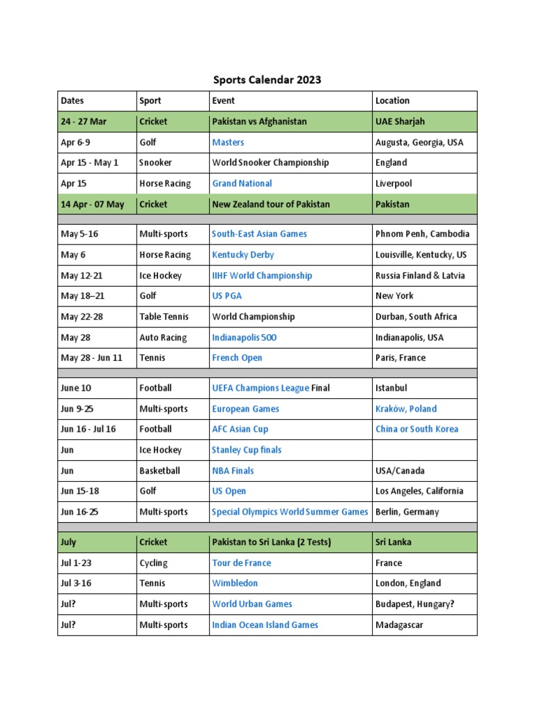 Sports Calendar 2023 | PDF | Sports | Entertainment
