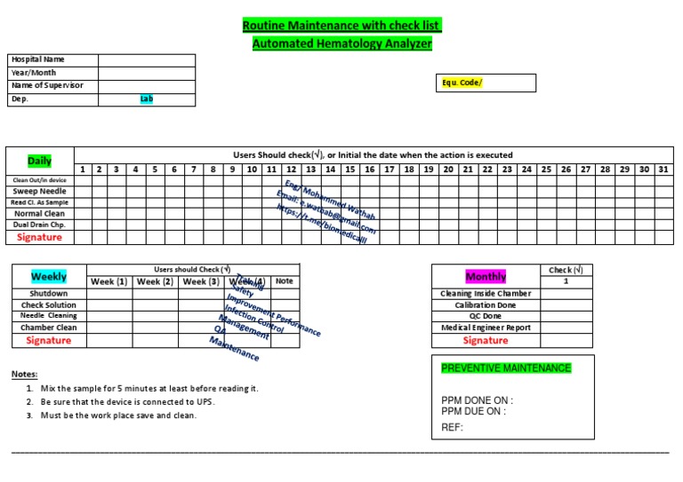Hematology Analyzer Maintenance Checklist | PDF