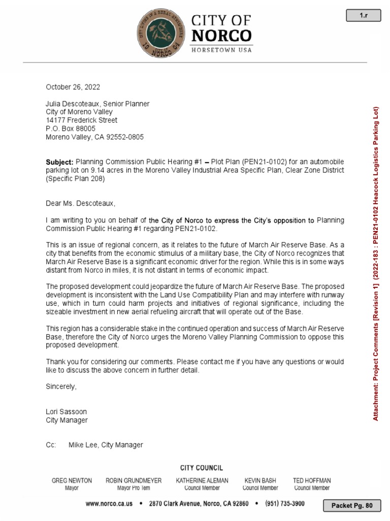 City of Norco Letter On Proposed Parking Lot Near March Air Reserve