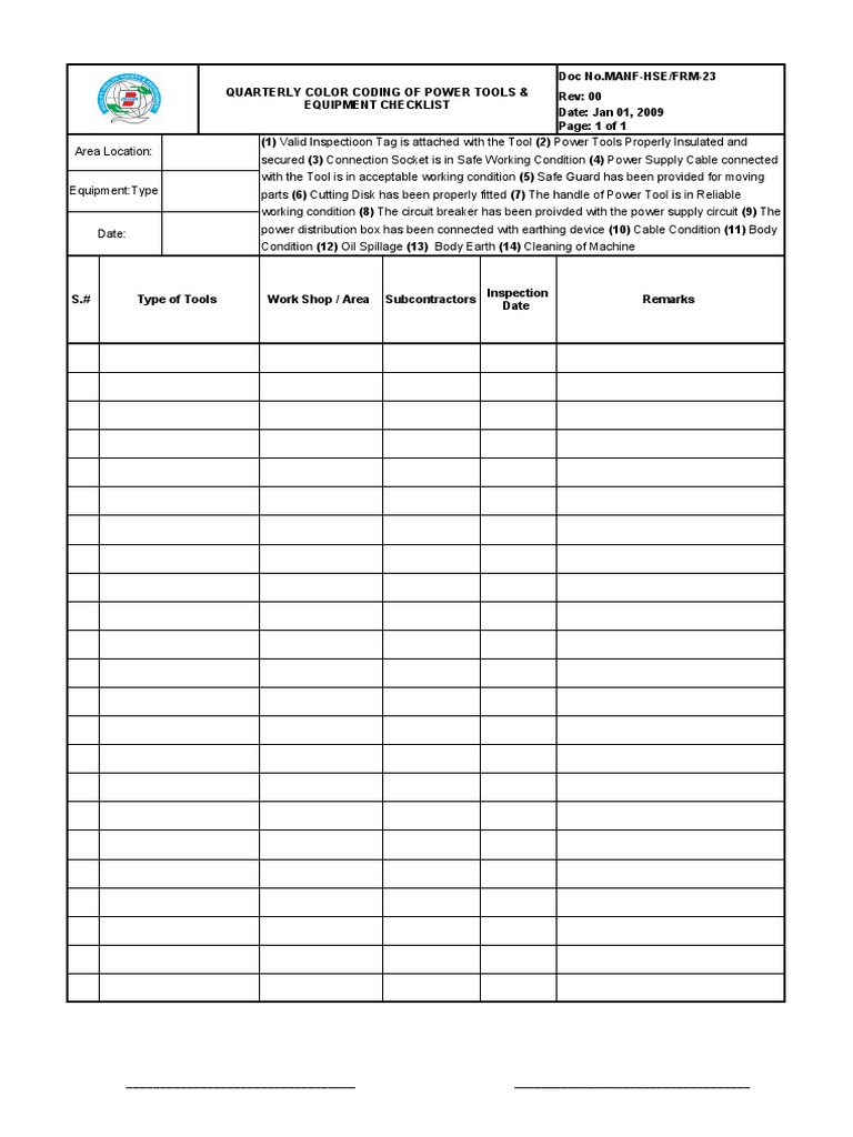 MANF-HSE FRM-23 (Quarterly Color Coding of Power Tools & Equipment ...