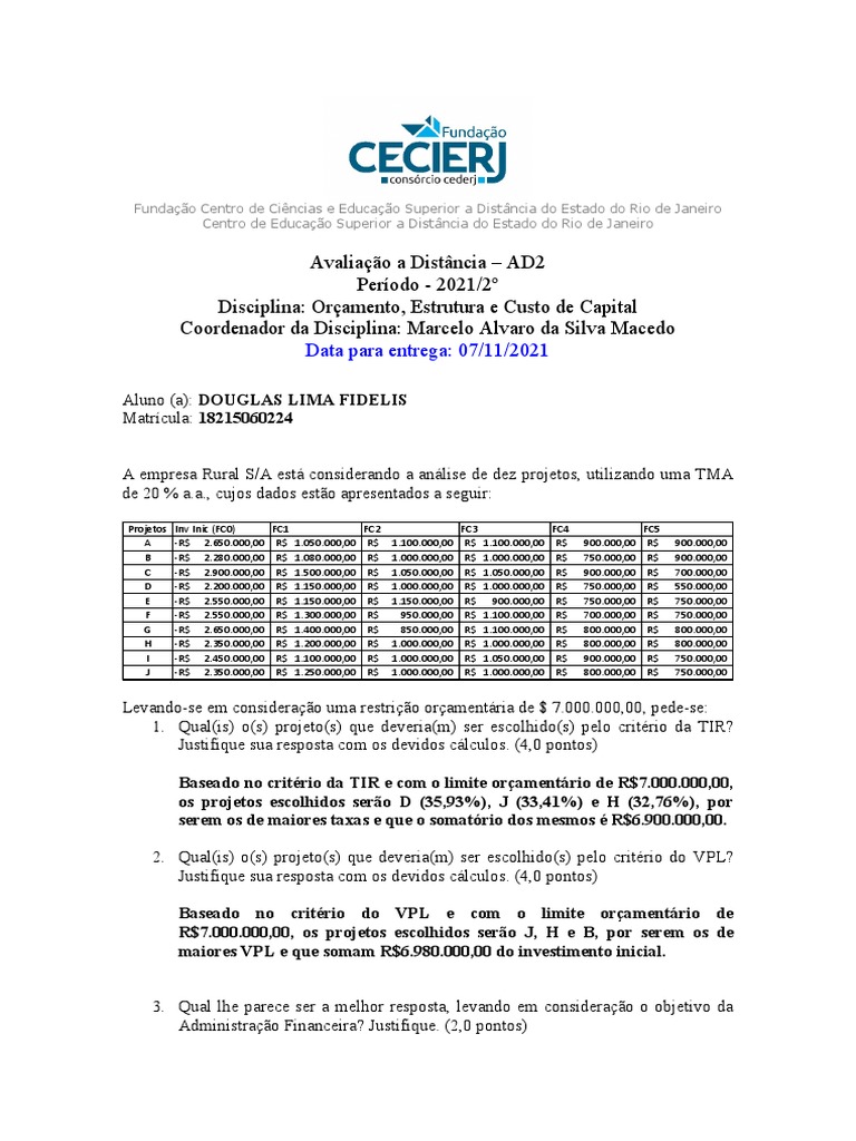 Análise de projetos de investimento utilizando critérios de TIR e VPL ...