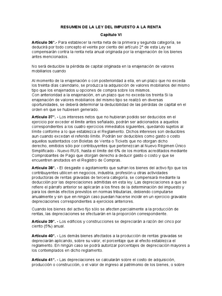 Resumen Ley del Impuesto a la Renta | PDF | Depreciación | Impuestos